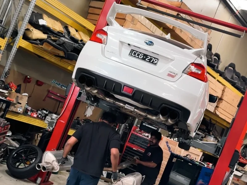 ubaru WRX STI undergoing exhaust system inspection at Garage Full Throttle roadworthy certificate service in Craigieburn Melbourne